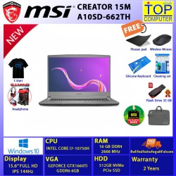 MSI CREATOR 15M A10SD-662TH/I7-10750H/RAM 8 GB/SSD 512 GB/15.6 FHD 144Hz/GTX1660/WINDOWS 10 HOME / BY TOP COMPUTER